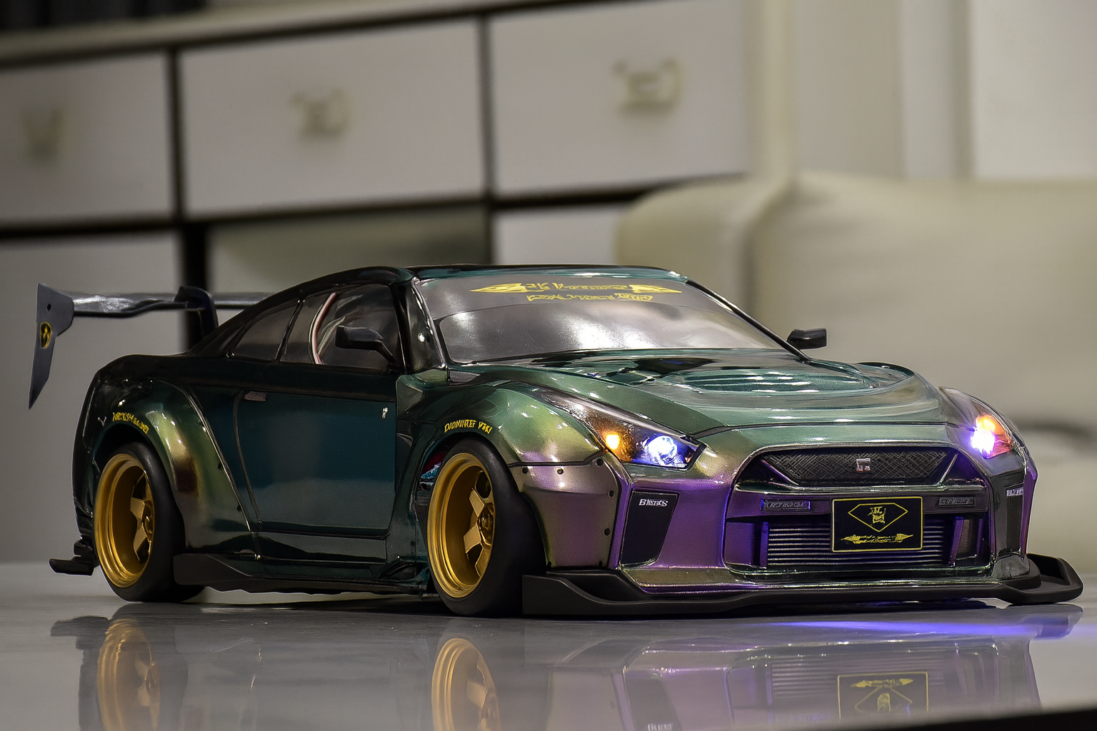 Nissan GT-R R35 Liberty Walk / Rocket Bunny 1/10 RC Drift Body Shell – Chameleon Paint & Linked LED Edition