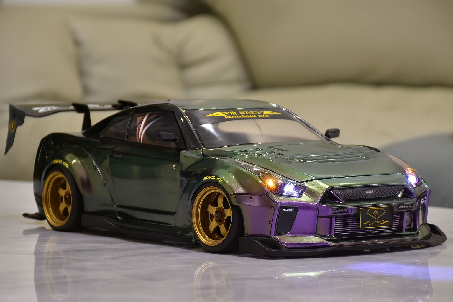 Nissan GT-R R35 Liberty Walk / Rocket Bunny 1/10 RC Drift Body Shell – Chameleon Paint & Linked LED Edition