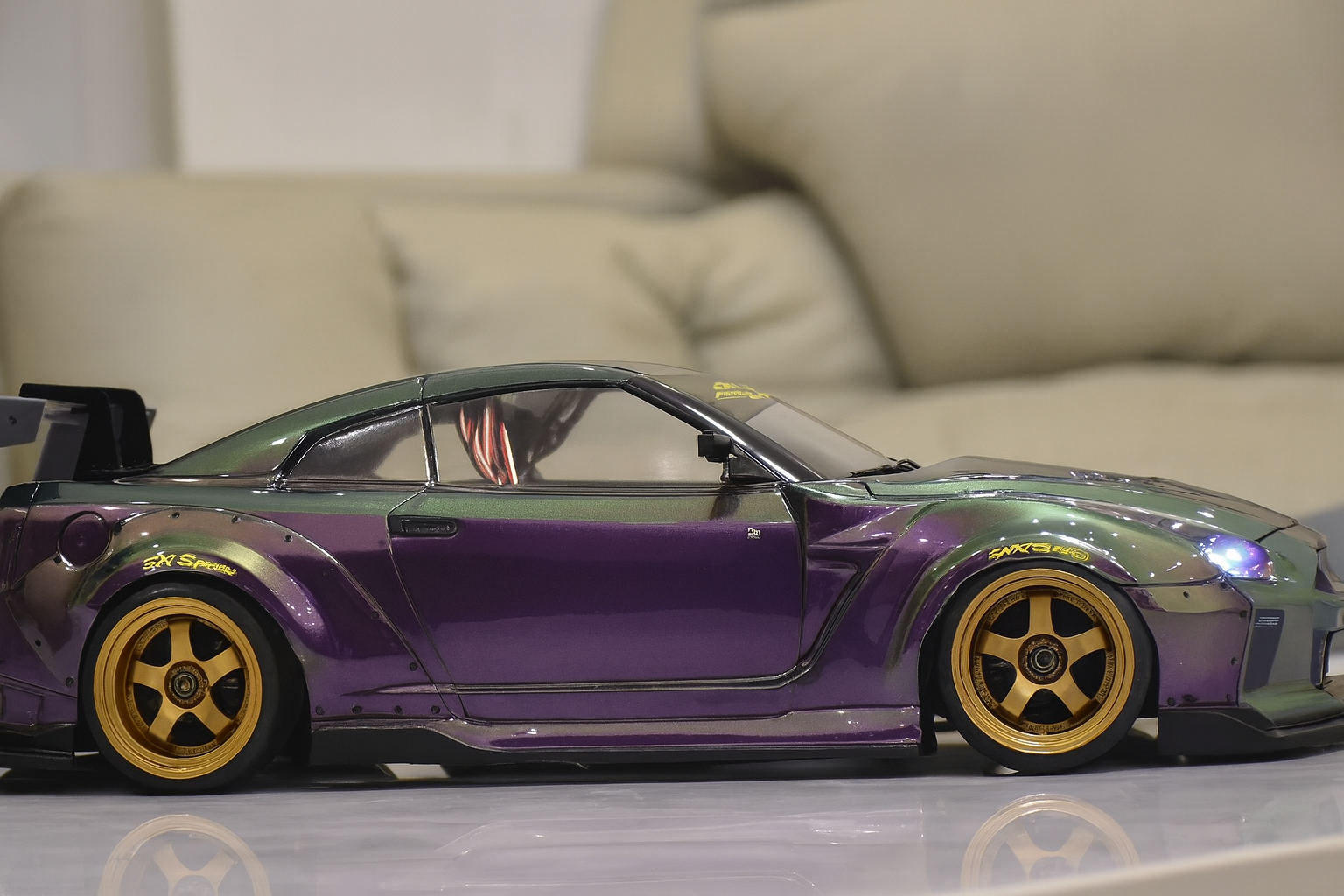 Nissan GT-R R35 Liberty Walk / Rocket Bunny 1/10 RC Drift Body Shell – Chameleon Paint & Linked LED Edition
