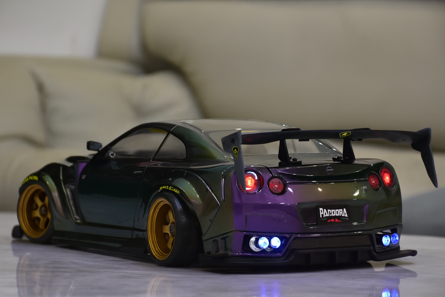 Nissan GT-R R35 Liberty Walk / Rocket Bunny 1/10 RC Drift Body Shell – Chameleon Paint & Linked LED Edition