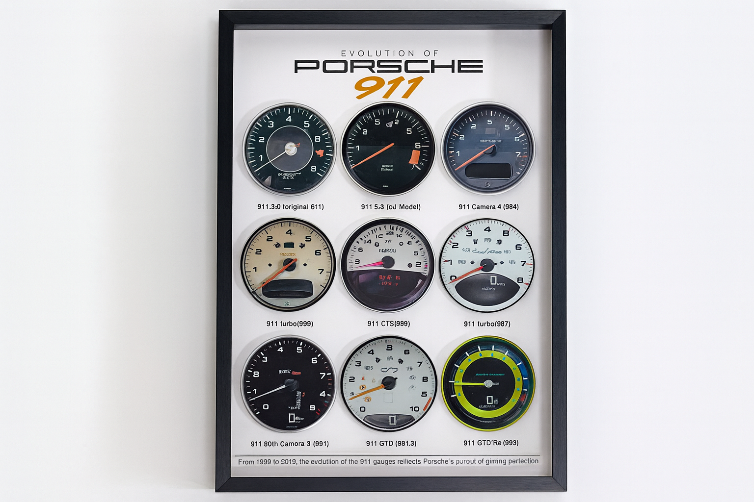 Porsche 911 Evolution Dashboard Art Frame – A4 Aluminum Alloy Classic Instrument Panel History Wall Decor