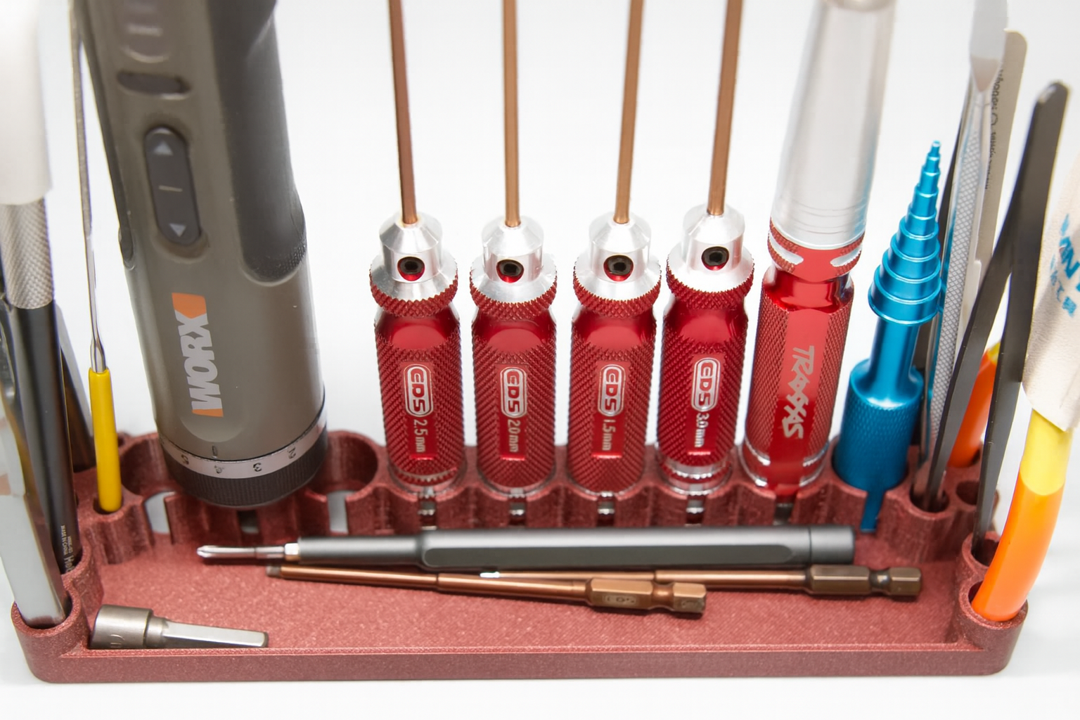 RC Tool Stand & FPV Screwdriver Holder – 21 Slots with Tray | Model Hobby Organizer