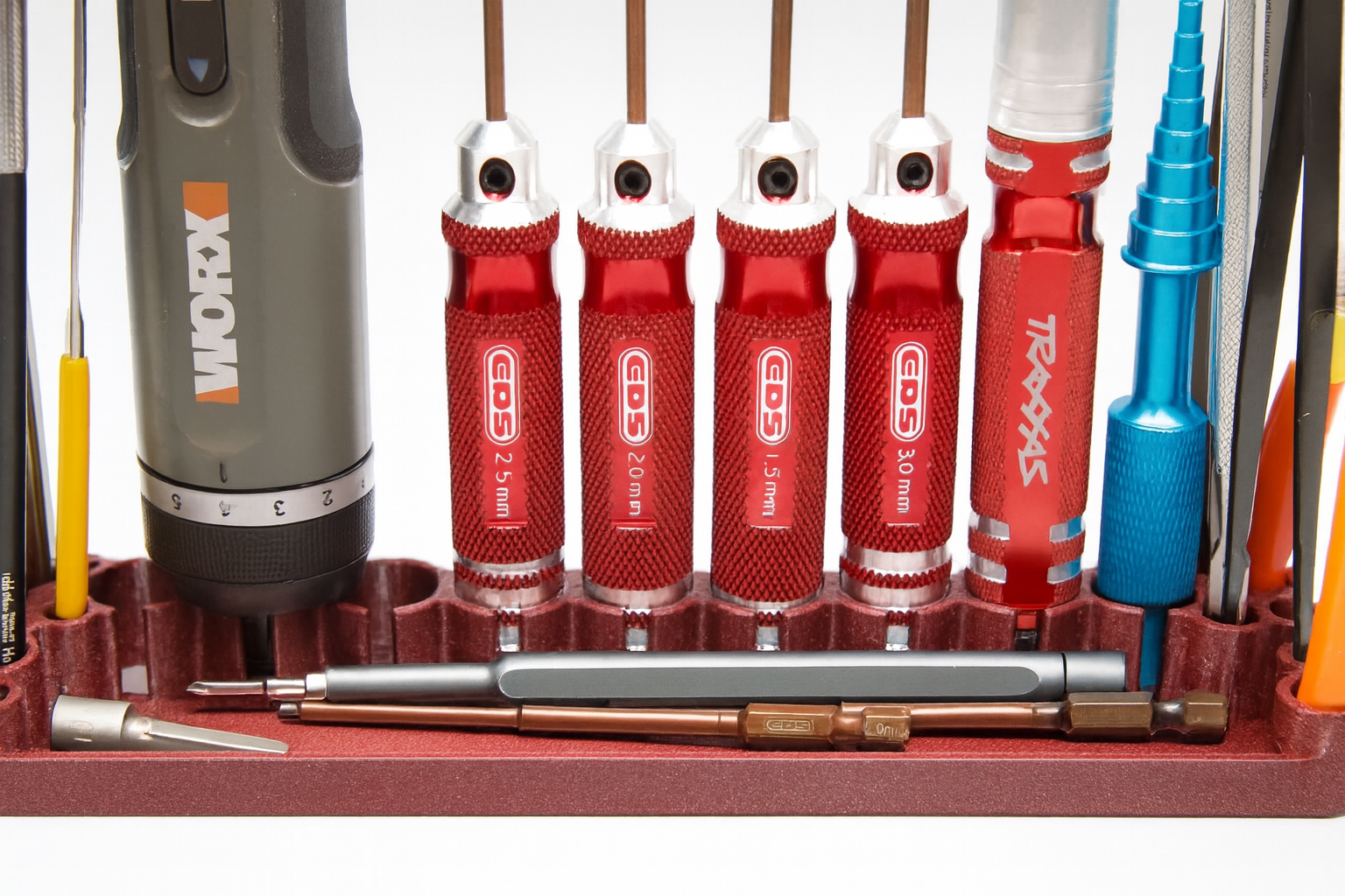 RC Tool Stand & FPV Screwdriver Holder – 21 Slots with Tray | Model Hobby Organizer