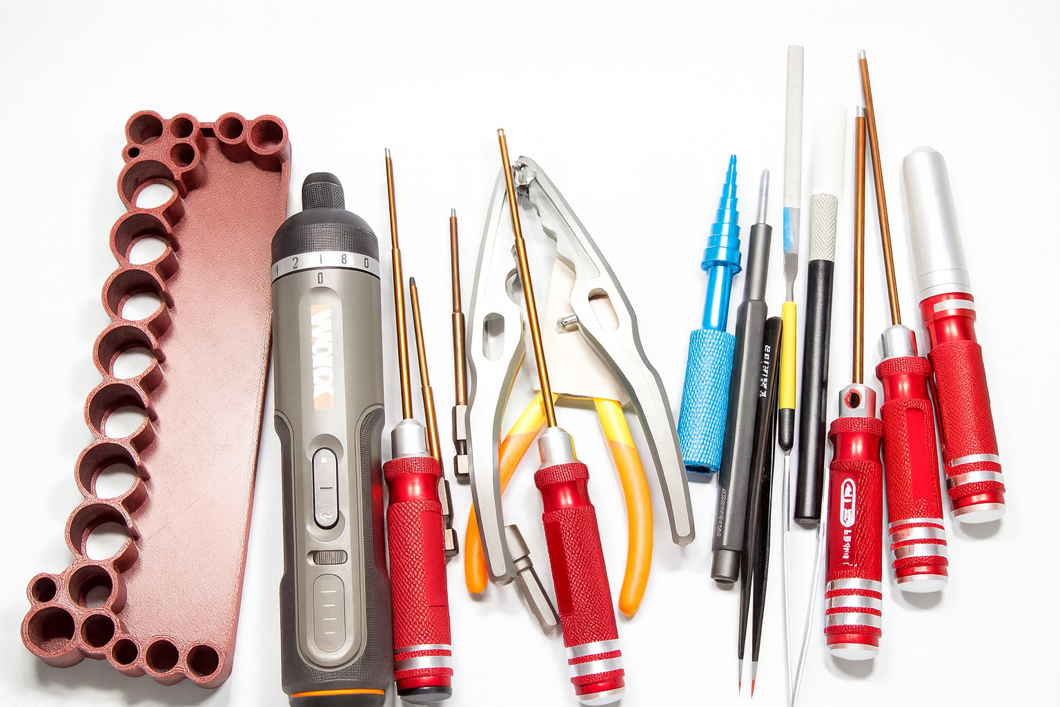 RC Tool Stand & FPV Screwdriver Holder – 21 Slots with Tray | Model Hobby Organizer