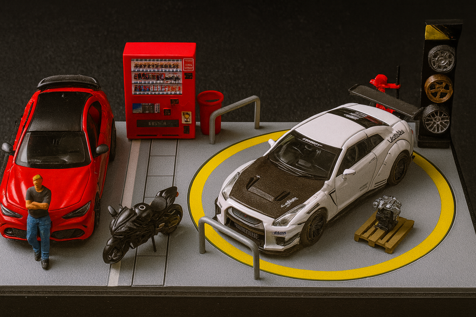 1/64 Scale Rotating Parking Garage Display Platform – Fast & Furious Tokyo Drift Inspired | Standard & Upgraded LED Versions