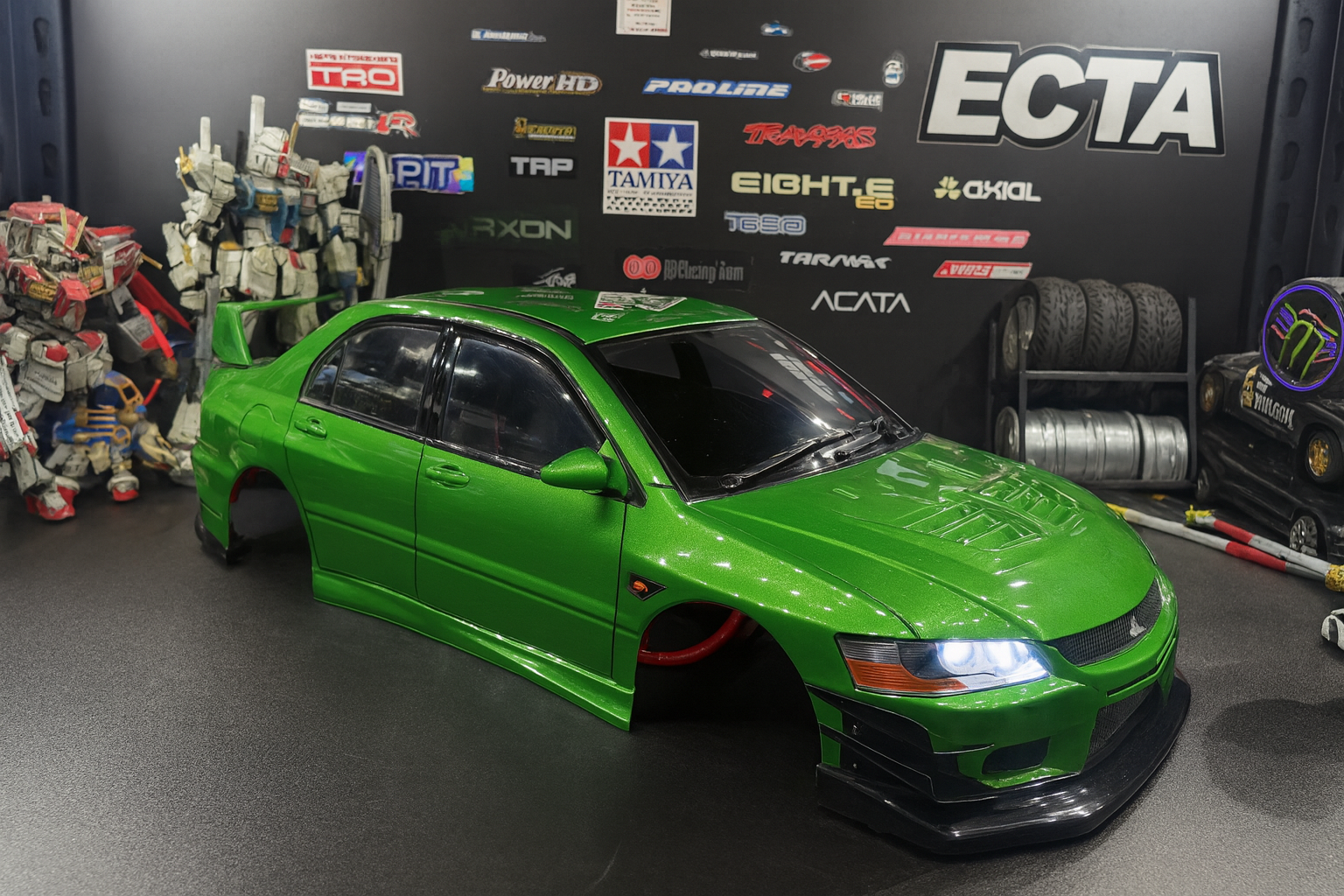 1/10 Mitsubishi Evolution 9 Widebody — Pre-Painted Green Body Shell w/ LED Lights