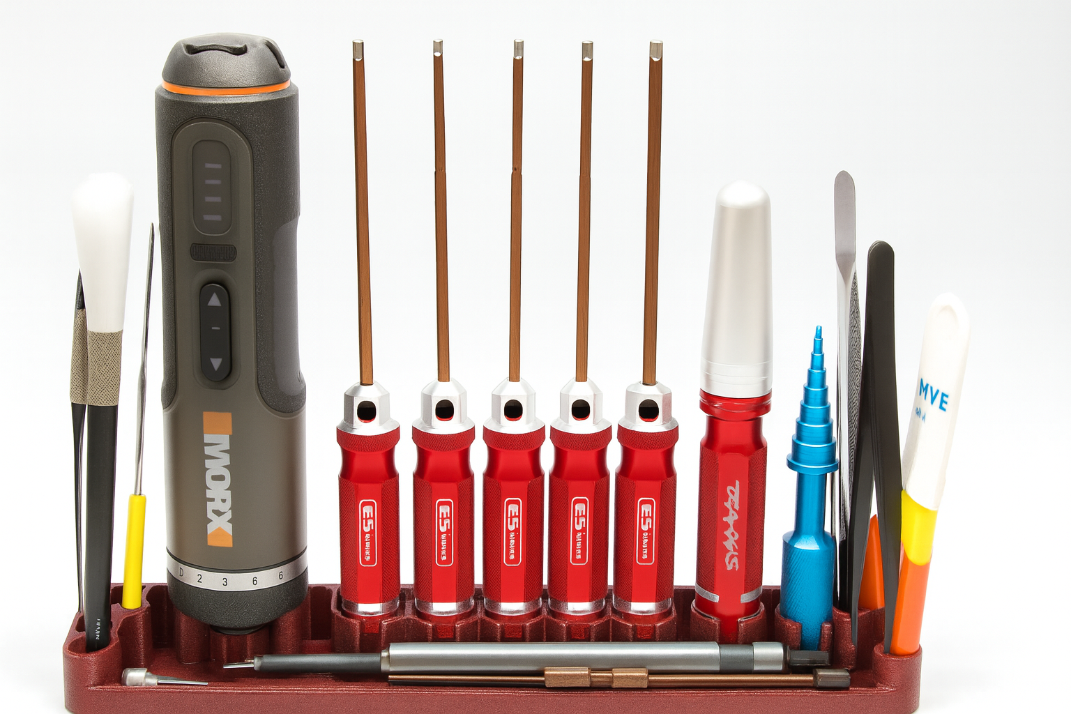 RC Tool Stand & FPV Screwdriver Holder – 21 Slots with Tray | Model Hobby Organizer