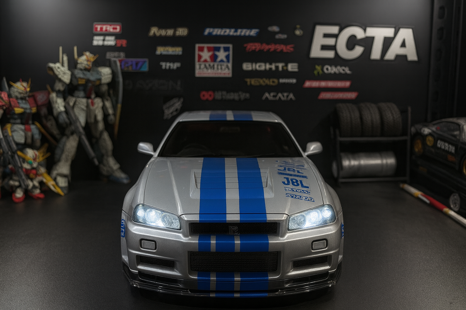 Nissan Skyline GT-R R34 RTR — 1/10 RC Touring Car with Tamiya Motor, HOTRC CT6 & Realistic LED Headlights/Taillights